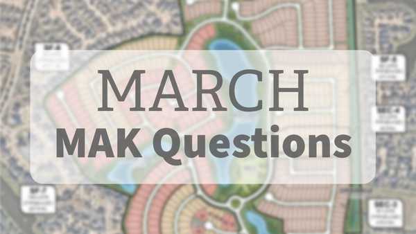 Graphic with the text MARCH MAK Questions in bold grey lettering centered over a blurred aerial photograph of a residential neighborhood with houses and winding streets.